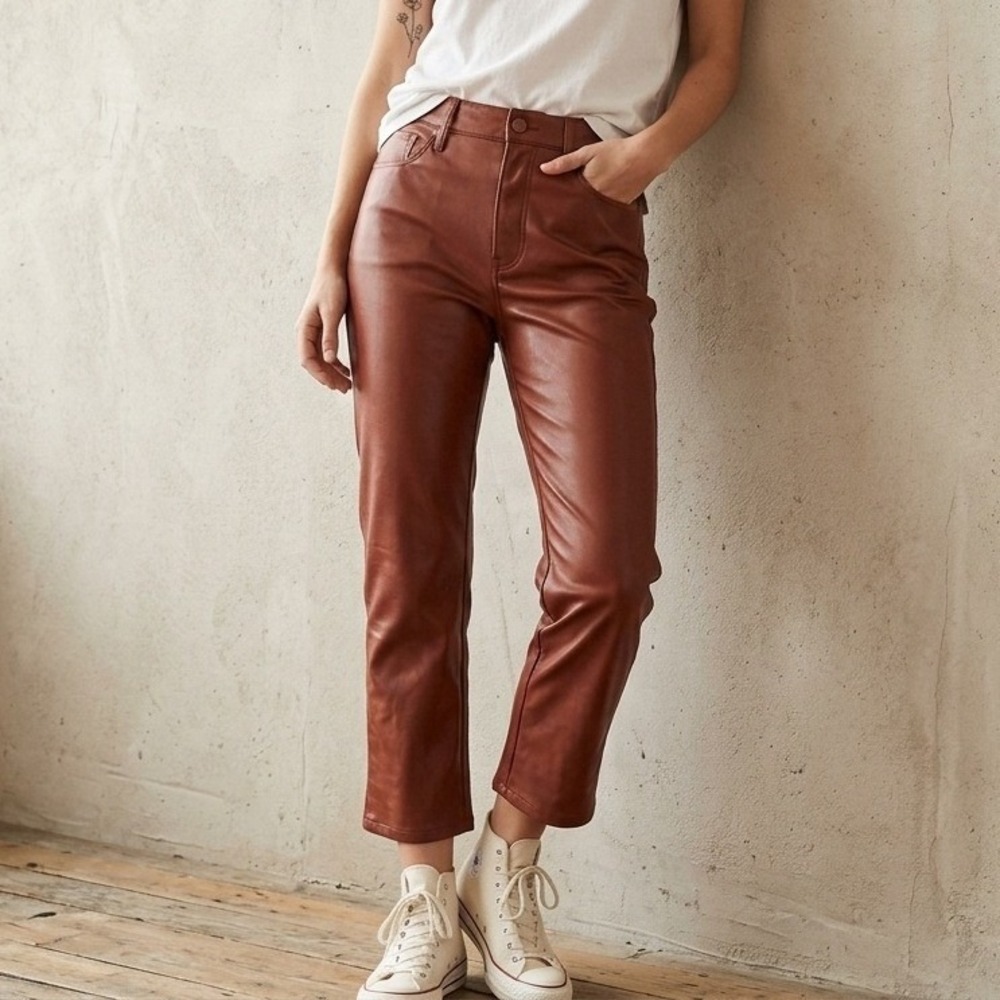 Mother The Mid Rise Dazzler Ankle Pants 32 Brown Faux Leather Vegan Chic Edgy